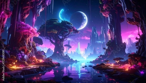 Fototapeta A vibrant, dreamlike landscape. It features alien flora and crystalline structures. Two moons hang in a purple sky, reflecting in serene waters. The scene is awash in neon hues
