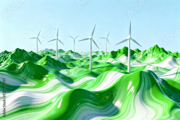 Fototapeta Wind turbines on a stylized green landscape with rolling hills under a clear sky