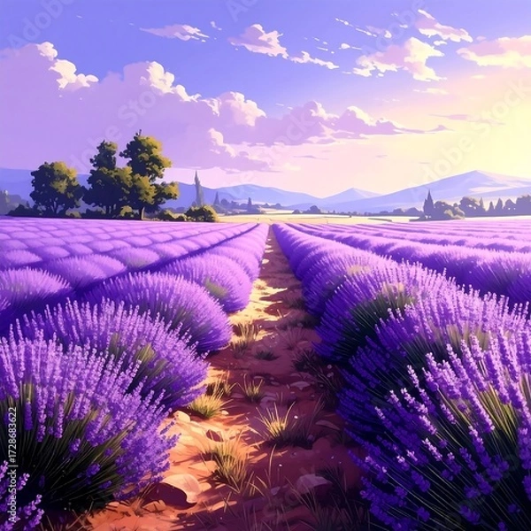 Obraz Lavender field pathway at dawn