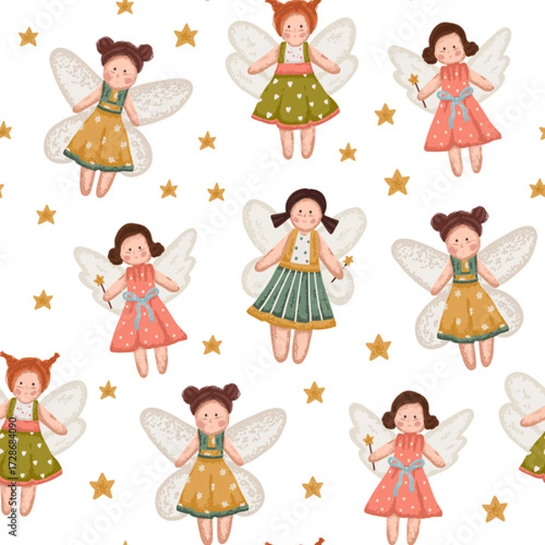 Fototapeta Cute seamless pattern of fairy princess with wings and wand in flat style