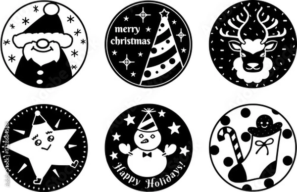 Obraz クリスマス円形アイコンセット　黒いシルエットの手描きアイコン集