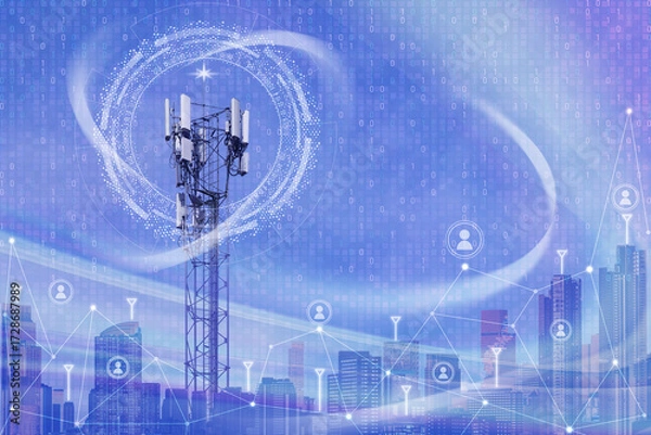 Fototapeta Cellular network tower or telecommunication tower for mobile phone calls, wireless internet access. Global connection and internet network business concept