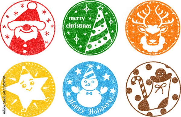 Obraz クリスマススタンプセット　カラフルな丸いゴム印アイコン集　かすれたゴム印のデザイン