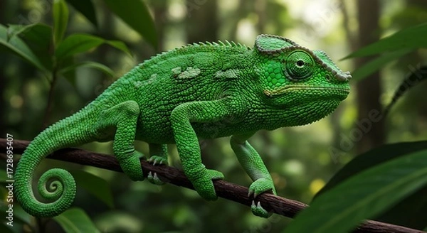 Obraz Green chameleon perched on a branch against a blurred forest backdrop