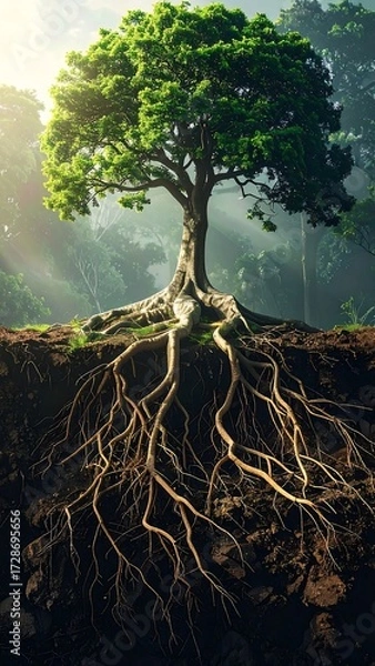 Obraz Lush tree's roots in earth
