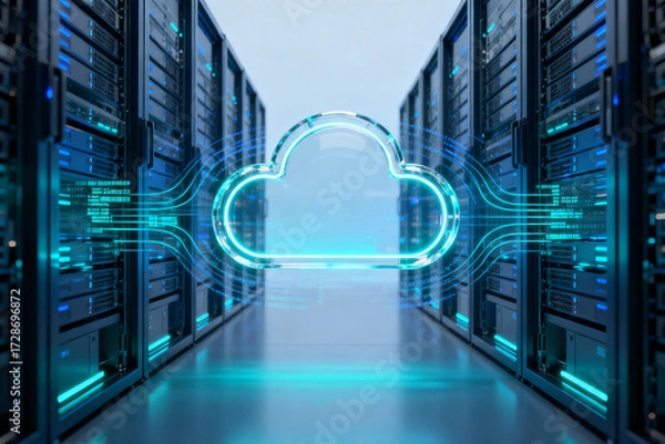 Fototapeta Server room with glowing cloud network symbol representing cloud computing technology