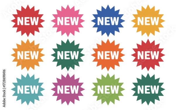 Fototapeta Collection of 12 colorful starburst 'new' labels vector graphics for declarative use silhouette vector illustration white background