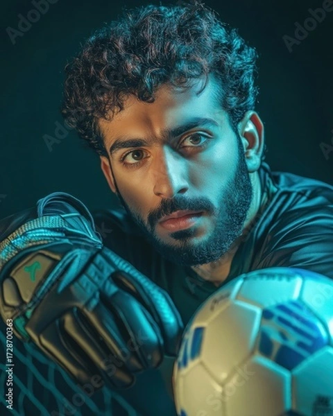 Fototapeta AI image: Intense goalkeeper portrait holding ball with determined gaze illuminated by moody teal