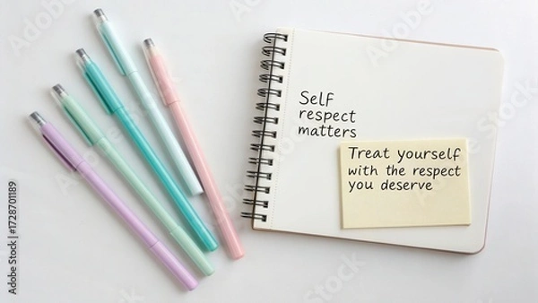 Fototapeta Notebook with pastel pens and motivational quotes on a sticky note