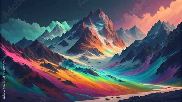 Fototapeta Mountain landscape with a luminous, rainbow-like burst/fall	