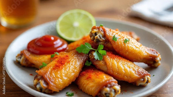 Fototapeta Baked chicken wings garnished with fresh herbs, served with a tomato dip and lime wedges on the side