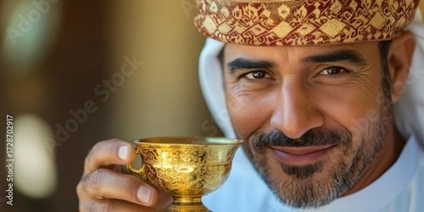 Fototapeta AI image: Portrait of a smiling Arab man drinking traditional Qatari coffee in a golden cup headwear