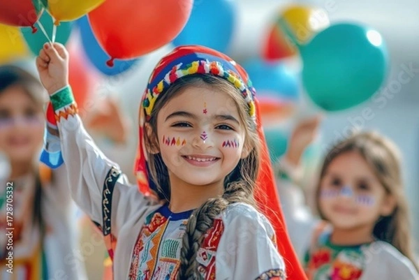 Fototapeta AI image: Joyful girl celebrating with face paint and colorful balloons at a vibrant event