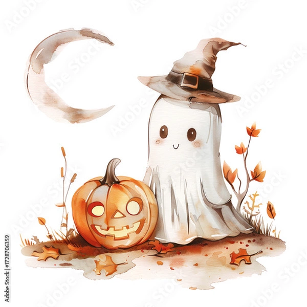 Fototapeta Cute ghost character with pumpkin and witch hat, perfect for Halloween decorations and festive events in autumn