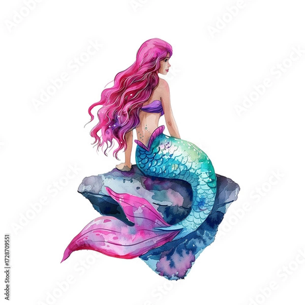Fototapeta Colorful mermaid with flowing hair sits on a rock in a vibrant underwater setting showcasing artistry and creativity