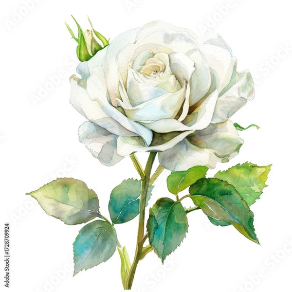 Fototapeta Beautiful white rose in bloom with green leaves and budding flower on transparent background