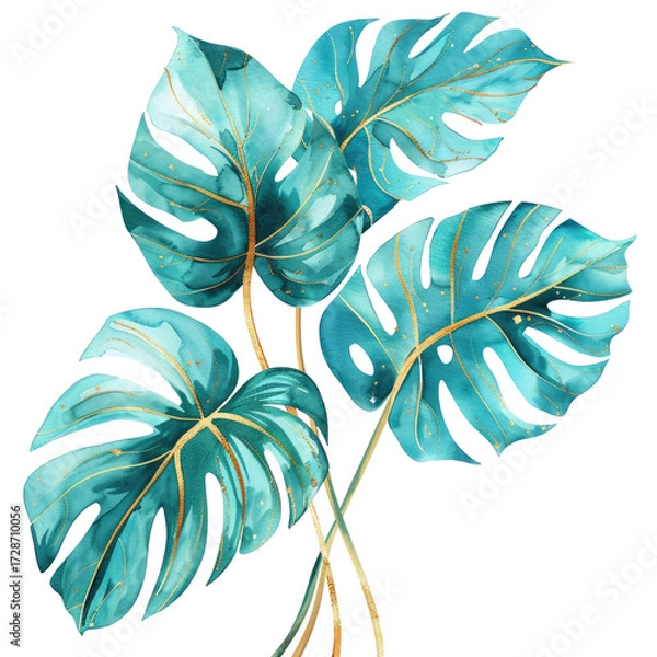 Fototapeta Vibrant teal monstera leaves display with delicate gold accents on a transparent background for modern decor