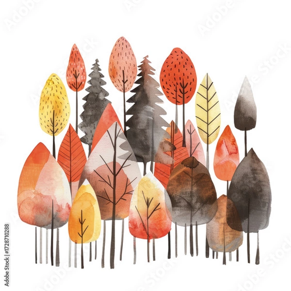 Fototapeta Colorful autumn forest illustration with a variety of trees showcasing vibrant leaves on a transparent background