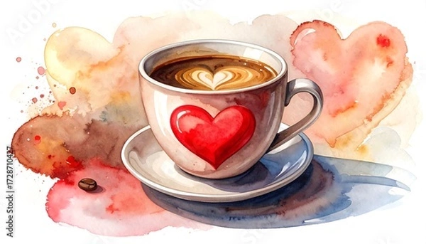 Obraz Watercolor illustration of a coffee cup with heart design