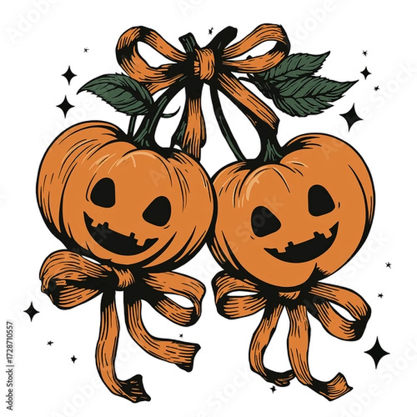 Fototapeta Two smiling Halloween pumpkins with bows and leaves hanging together on a transparent background