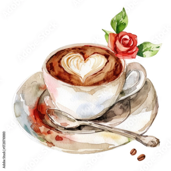 Fototapeta Coffee cup with heart latte art and rose on transparent background ideal for cafe and beverage designs