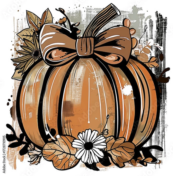 Fototapeta Decorative pumpkin with bow surrounded by autumn leaves and flowers on a transparent background