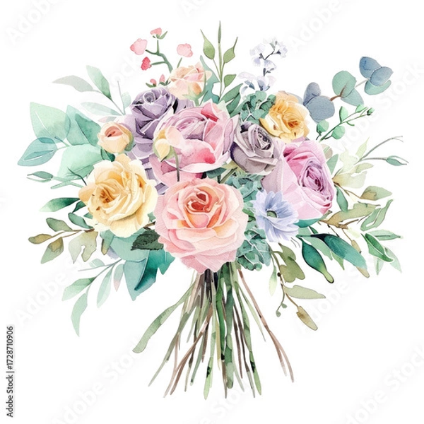 Fototapeta Beautiful bouquet of pastel roses and greenery on a transparent background perfect for any floral design