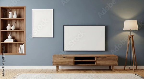 Fototapeta Modern living room interior with flat screen tv and bookshelf displaying home decor