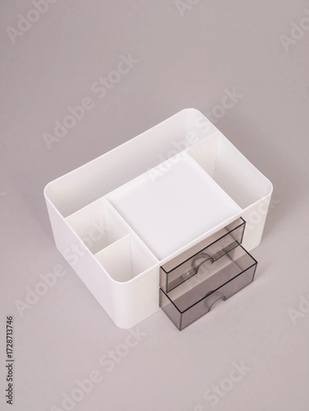 Obraz Empty white organizer for office supplies and cosmetics with two drawers on gray background
