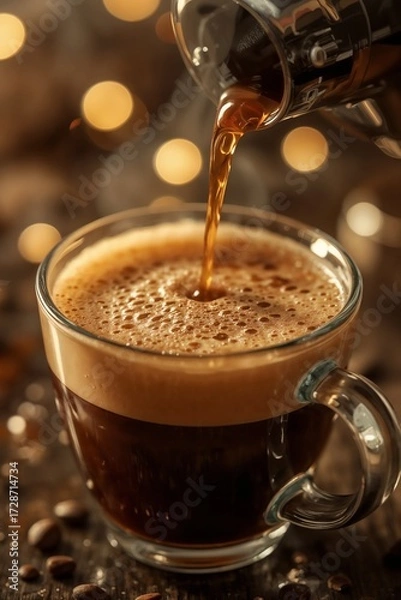 Obraz Elegant coffee brewing moment with glass teapot pouring into transparent mug with beautiful bokeh