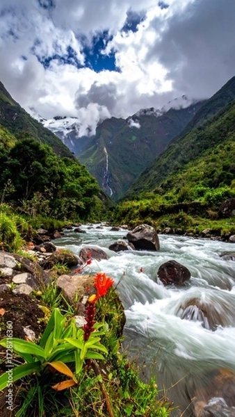 Obraz Mountain river cascading through valley
