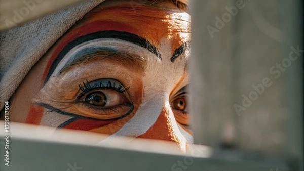 Fototapeta Clown peeking through a fence with expressive makeup