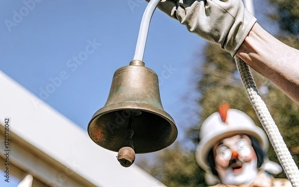 Fototapeta Clown ringing a bell at a festive event