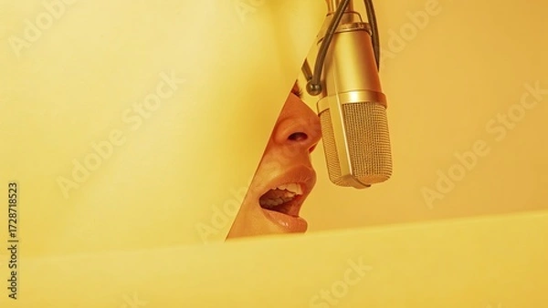 Fototapeta Vocalist recording in a vibrant yellow studio setting