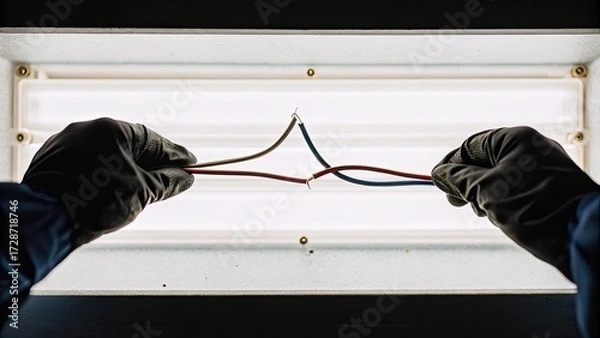 Fototapeta Hands connecting electrical wires under fluorescent light