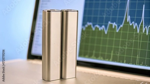 Fototapeta Modern battery packs beside a data analysis screen