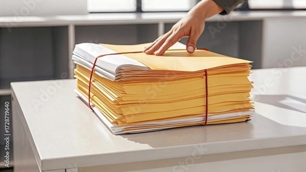 Fototapeta Organized stack of paperwork on a modern office desk