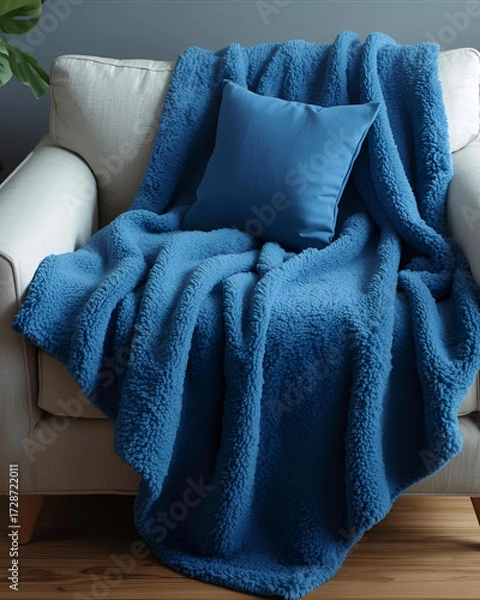 Fototapeta soft blue blanket, warm throw, cozy throw blanket, fluffy blue blanket, blue sofa throw, blue bed throw, pillow with throw, matching set, blue bedding set, soft cushion, comfy blanket, blue fabric, th