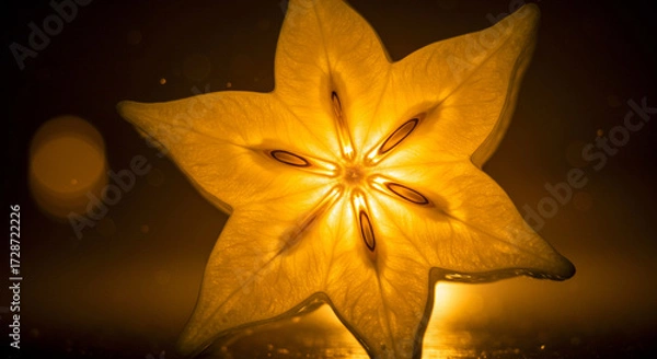 Fototapeta Starfruit cross-section, macro shot with glowing yellow tones