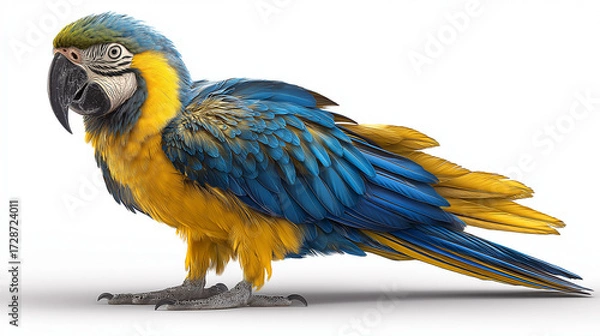 Obraz Blue and yellow macaw parrot standing on white background with detailed feathers and sharp beak