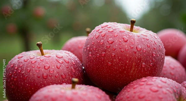 Obraz Shiny red apples covered in dew drops, macro shot with blurred orchard background