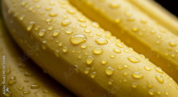 Fototapeta A bunch of bananas with water droplets, macro shot highlighting peel texture