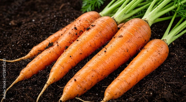 Obraz Vibrant orange carrots with roots and leaves attached, covered in fresh soil, detailed close-up