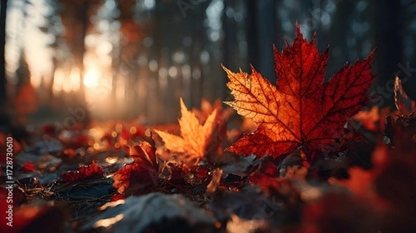 Fototapeta Breathtaking low-angle photograph of a sun-drenched autumn forest floor carpeted in vibrant maple leaves during a magical golden hour.