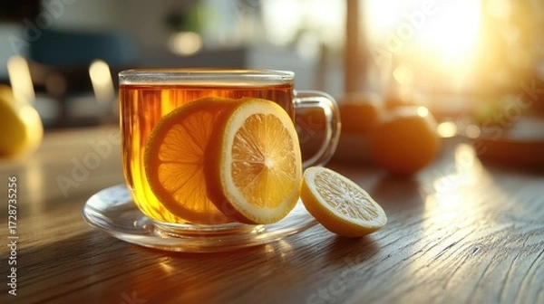 Fototapeta Tea Bag and Lemon, Refreshing Beverage and Citrus.