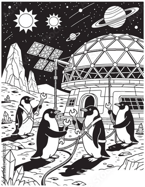 Fototapeta Penguin Astronaut Engineers Coloring Page Building Space Dome Habitat with Tools and Planets Printable Line Art