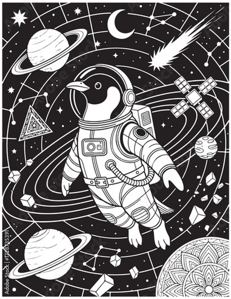 Fototapeta Penguin Astronaut Space Coloring Page with Planets Stars and Galaxy in Black and White Printable Line Art