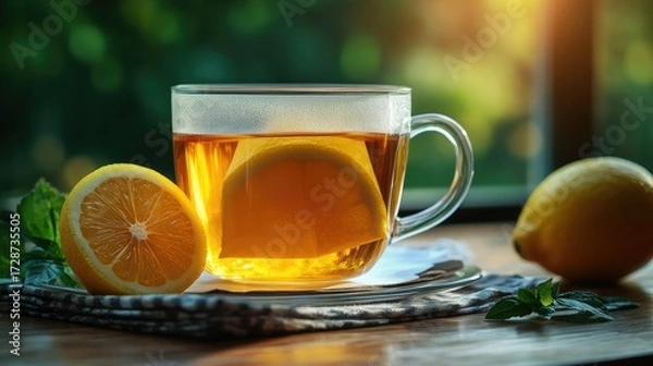 Fototapeta Tea Bag and Lemon, Refreshing Beverage and Citrus.