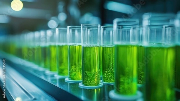Fototapeta Test Tube Laboratory with Green Solution, Scientific Experiment.