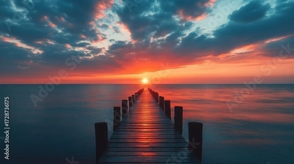 Fototapeta Sunset at the Sea with Silhouette Bridge Summer Nature Background, Tranquil and Beautiful.